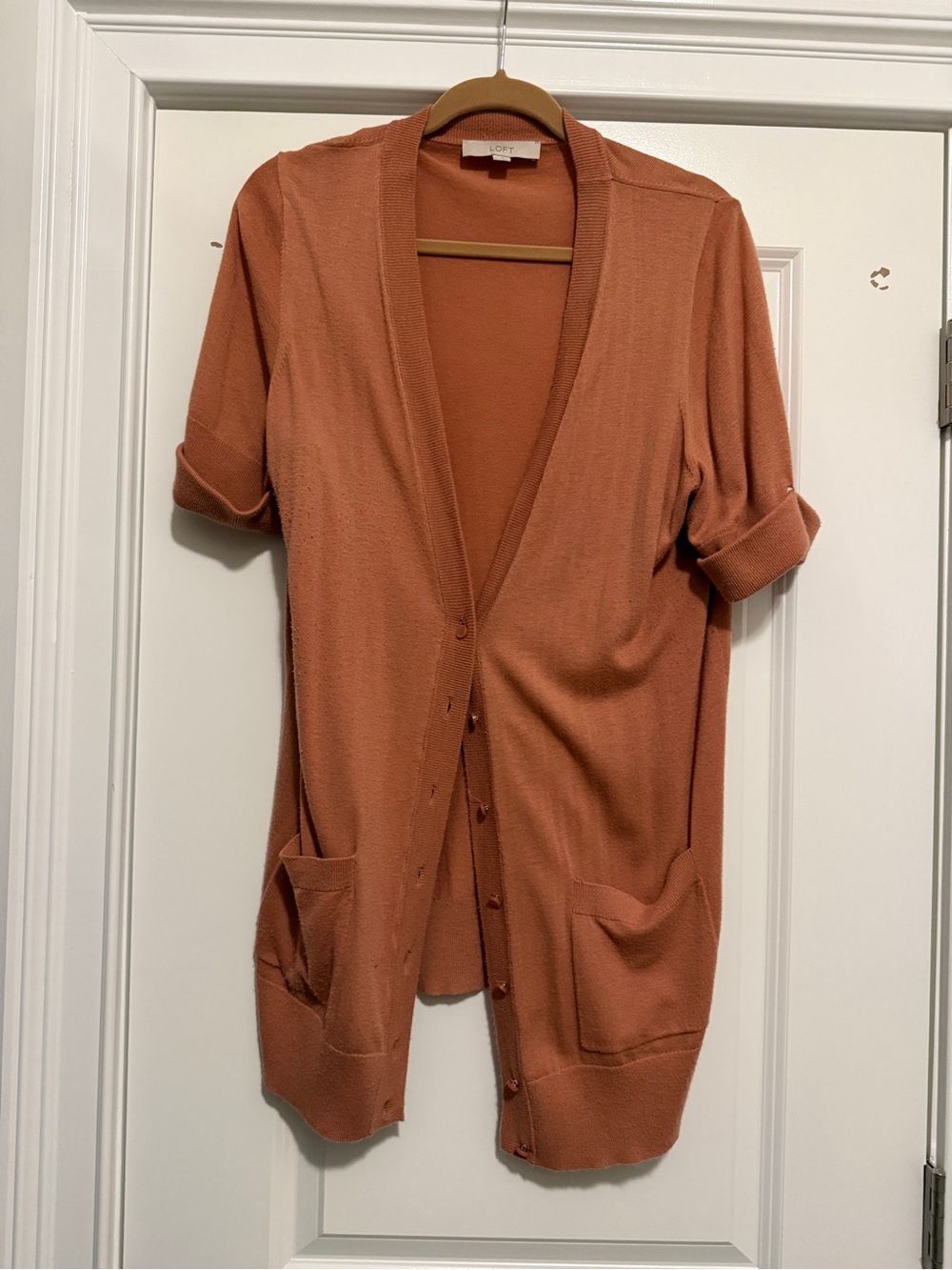 Loft Short Sleeve Button Cardigan Sweater in pink